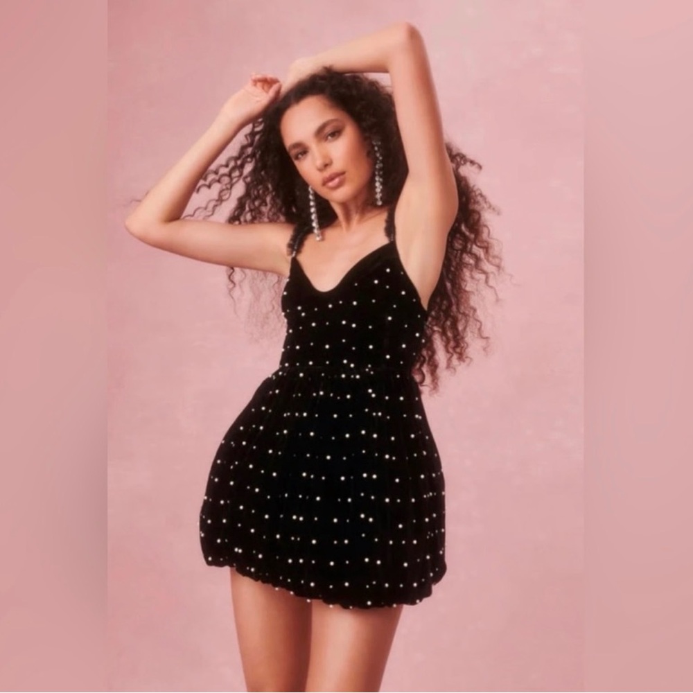 LoveShackFancy Black Mini Dress with Pearl And Rhinstone accents
